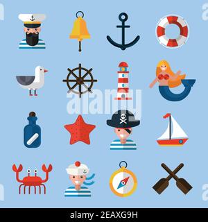 Icone nautiche insieme con marinaio ancora vita stella pesce isolato illustrazione vettoriale Illustrazione Vettoriale