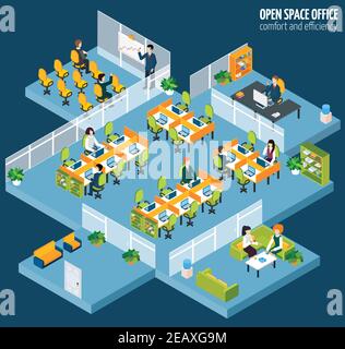 Ufficio open space con interni e persone di aziende isometriche illustrazione vettoriale Illustrazione Vettoriale