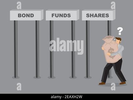 Uomo d'affari che decide dove investire i suoi soldi in. Concetto di allocazione delle risorse aziendali. Illustrazione della ricchezza di investimento. Illustrazione Vettoriale