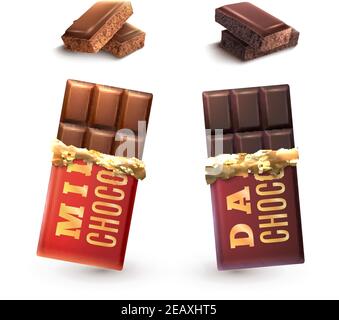 Latte e cioccolato fondente bars set e pezzi isolati vettore illustrazione Illustrazione Vettoriale