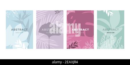 Raccolta di carte decorative con rami, foglie e testo. Set di carte creative con foglie tropicali colorate per Banner, Poster, invito Illustrazione Vettoriale