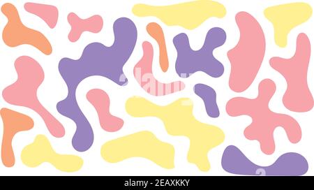 Colore blob irregolare, insieme di forme organiche astratte. Astratti i blob casuali irregolari. Semplice liquido amorfo Splodge. Forme liquide blu arancio. Design minimal alla moda per presentazioni, striscioni, poster e volantini Illustrazione Vettoriale