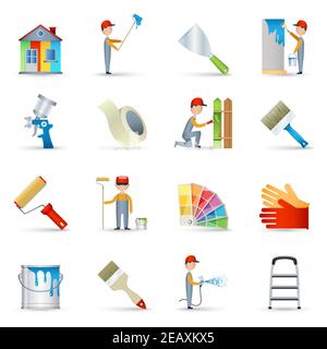 Pittura muraria di ristrutturazione della casa con rullo lungo di maniglia e mascheratura icone nastro raccolta astratta immagine vettoriale isolata Illustrazione Vettoriale