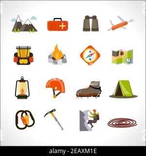 Arrampicata in montagna e avventura estrema turismo icone piatte set isolato illustrazione vettoriale Illustrazione Vettoriale