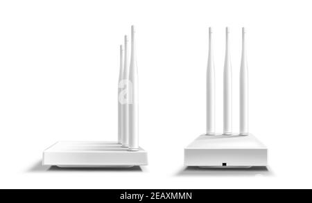 Mockup con vista frontale e laterale del router Wi-Fi, dispositivo domestico vuoto con antenne per connessione Internet wireless isolato su sfondo bianco. Tecnologie moderne, illustrazione vettoriale 3d realistica, simulazione Illustrazione Vettoriale