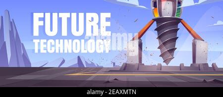 Banner cartoni animati sulla tecnologia del futuro con carro di perforazione futuristico, nave da perforazione per l'esplorazione e l'estrazione mineraria. Paesaggio con piattaforma e derrick con coclea, navicella spaziale per terreno di alesaggio, illustrazione vettoriale Illustrazione Vettoriale
