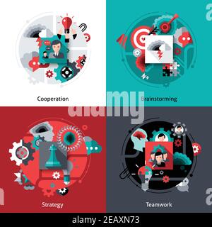 Set di concept di progettazione per il lavoro di squadra con icone piatte di strategia di brainstorming di cooperazione illustrazione vettoriale isolata Illustrazione Vettoriale