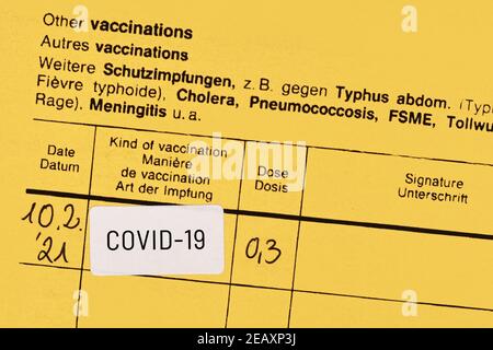 Certificato di vaccinazione con adesivo vaccino COVID-19 Foto Stock