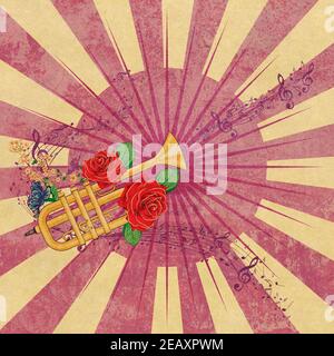 Tromba gialla con rose rosse e note musicali con illustrazione testurizzata. Foto Stock