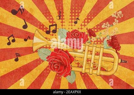 Tromba gialla con rose rosse e note musicali con illustrazione testurizzata. Foto Stock