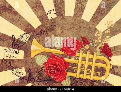 Tromba gialla con rose rosse e note musicali con illustrazione testurizzata. Foto Stock