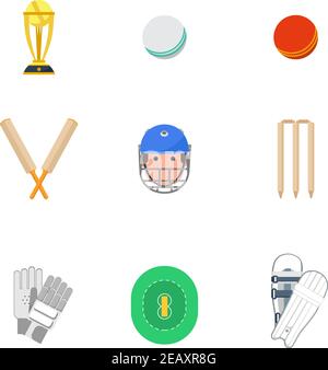 Cricket gioco di sport icone set con protezione gambe e. elmetto e trofeo astratto isolato vettore illustrazione Illustrazione Vettoriale