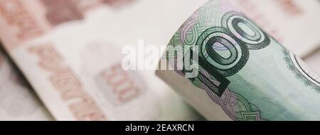 Closeup di valuta russa ruble banconote, proporzione banner Foto Stock