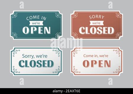 Collezione di cartelli vintage aperti e chiusi illustrazione vettoriale. Illustrazione Vettoriale