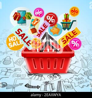 Concetto di tempo di vendita con il cestino della spesa e il negozio di Internet doodle simboli illustrazione vettoriale Illustrazione Vettoriale