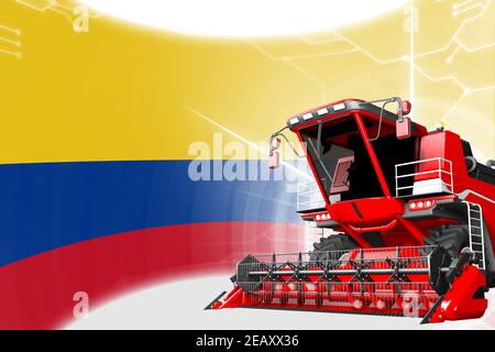 Concetto di innovazione agricola, mietitrebbiatrice rurale rossa avanzata sulla bandiera Colombia - illustrazione 3D industriale digitale Foto Stock