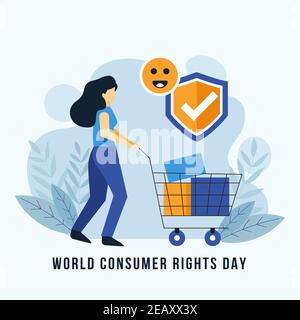 Illustrazione della giornata mondiale dei diritti dei consumatori con la donna e il carrello della spesa illustrazione vettoriale. Illustrazione Vettoriale
