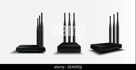 Router Wi-Fi mockup con vista frontale, angolare e laterale, dispositivo domestico nero con tre antenne e indicatori di colore verde brillante per la connessione wireless a Internet. Tecnologia moderna, simulazione realistica di isolamento vettoriale 3d Illustrazione Vettoriale