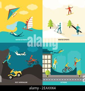 Il concetto di design per gli sport estremi è caratterizzato da adrenalina invernale e acqua icone piatte avventure illustrazione vettoriale isolata Illustrazione Vettoriale
