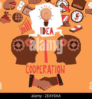 Concetto di cooperazione con le teste degli uomini d'affari e vettore di icone di schizzo di affari illustrazione Illustrazione Vettoriale
