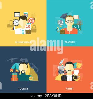 Set di concetto di design avatar con insegnante turista e artista d'affari icone piatte illustrazione vettoriale isolata Illustrazione Vettoriale