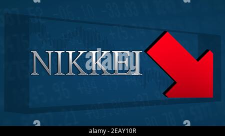 L'indice del mercato azionario giapponese Nikkei sta negoziando più basso. Una freccia rossa inclinata simboleggia uno scenario bearish. Il titolo in argento Nikkei su un blu... Foto Stock