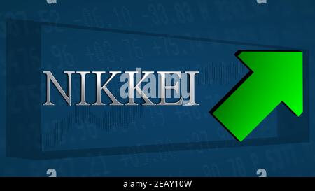 L'indice del mercato azionario giapponese Nikkei sta negoziando più alto. Una freccia inclinata verde simboleggia uno scenario rialzista. Il titolo in argento Nikkei su un blu... Foto Stock