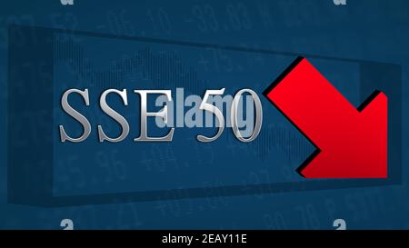 L'indice del mercato azionario cinese SSE 50 della Borsa di Shanghai sta negoziando più basso. Una freccia rossa inclinata simboleggia uno scenario bearish. La SSE 50 argento... Foto Stock