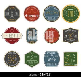 Fitness e sport atletica performance vintage etichette set piatto isolato illustrazione vettoriale Illustrazione Vettoriale