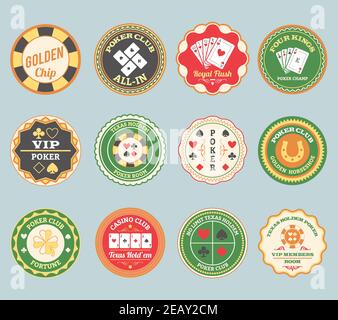 Casino online club tradizionale poker retro etichette collezione per i soci e i giocatori internazionali astratti illustrazione vettoriale isolata Illustrazione Vettoriale