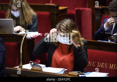 Ministro francese della cittadinanza, Marlene Schiappa durante i dibattiti della legge 'rispetto dei principi della Repubblica' all'Assemblea nazionale francese di Parigi, il 10 febbraio 202. Foto di Eliot Blondt/ABACAPRESS.COM Foto Stock