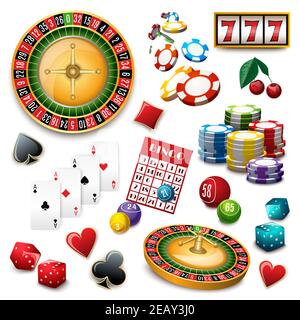 Casino popolare gioco d'azzardo online simboli composizione poster con roulette mazzo di carte e bingo illustrazione vettoriale astratta Illustrazione Vettoriale