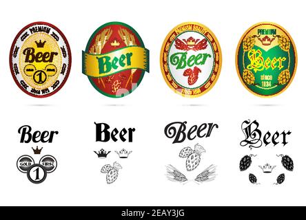 Etichette per birra Golden Crown di alta qualità in nero e. colore con illustrazione vettoriale isolata hop astratta Illustrazione Vettoriale