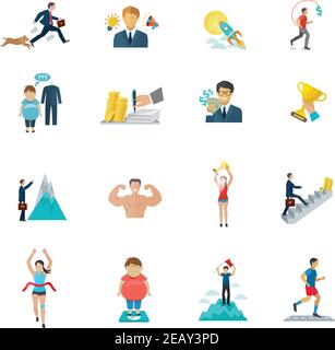 Motivazione nel lavoro d'ufficio e icone sportive set piatto isolato illustrazione vettoriale Illustrazione Vettoriale