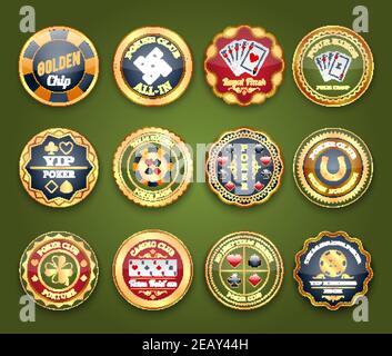 Royal casino club gioco di poker etichette lucide set con colore e quattro re astratto isolato vettore illustrazione Illustrazione Vettoriale