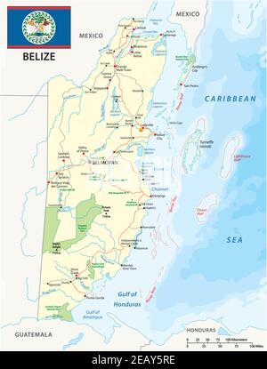 Mappa stradale e parco nazionale dello stato dell'america centrale belize Illustrazione Vettoriale