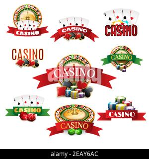 Casinò con carte roulette chip e dadi emblemi set realistico illustrazione vettoriale con ombreggiatura isolata Illustrazione Vettoriale