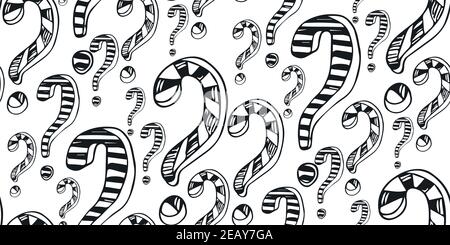 Ripetizione senza giunture con punti interrogativi disegnati a mano. Segni di punteggiatura Doodle con texture grunge. Modello di polling in bianco e nero. Progettazione per query backgro Illustrazione Vettoriale