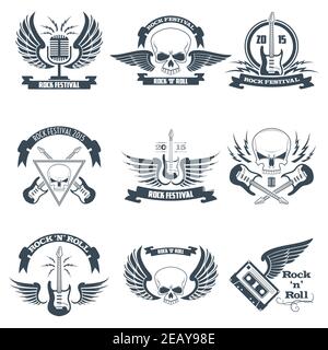 Rock musica nastro emblemi insieme con teschi ali chitarre isolato illustrazione vettoriale Illustrazione Vettoriale