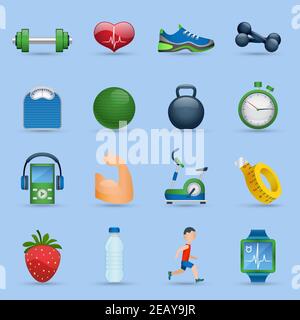 Le icone dei cartoni animati per il fitness e la buona salute si illuminano immagine vettoriale isolata con sfondo blu Illustrazione Vettoriale