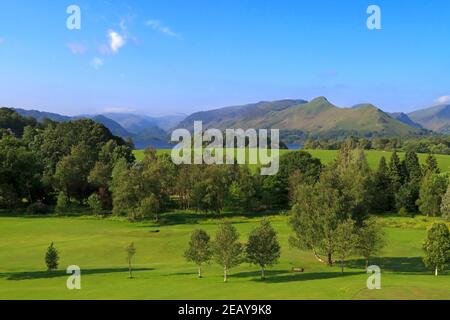 Catbells, Derwentwater e Borrowdale all'alba, Cumbria Foto Stock