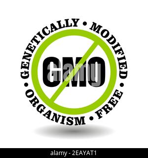 Icona geneticamente modificata vietata, timbro vettore non OGM libero per alimenti sani, etichetta cosmetica biologica, simbolo dell'imballaggio dei prodotti naturali Illustrazione Vettoriale