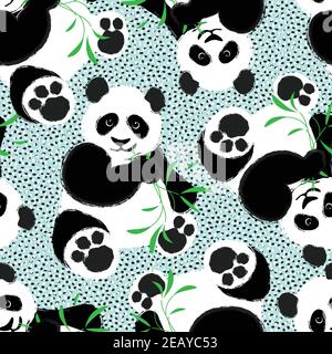 sfondo vettoriale senza cuciture con panda ed eucalipto, motivo per la stampa su tessuto o carta, panda carino mastica un ramo verde, piselli sullo sfondo Illustrazione Vettoriale
