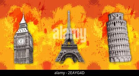 illustrazione 3d sfondo arancione e spruzzi sullo sfondo . grande ben bianco e nero , torre eiffel e torre pisa . adatto per cornice a parete Foto Stock