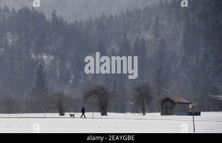 Farchant, Germania. 11 Feb 2021. Un uomo cammina il suo cane attraverso il paesaggio invernale. Credit: Angelika Warmuth/dpa/Alamy Live News Foto Stock