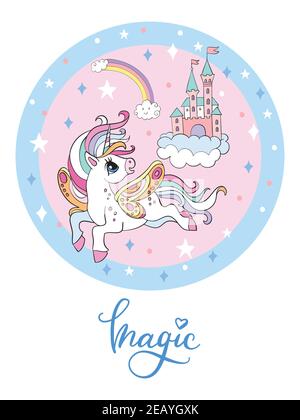 Carino cartone animato volare unicorno e cielo castello in cerchio. Illustrazione vettoriale isolata. Per cartoline, poster, design per vivai, biglietti d'auguri, adesivi, ro Illustrazione Vettoriale