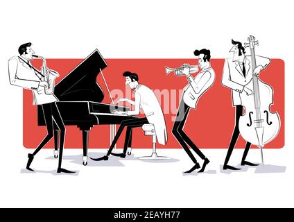 Illustrazione vettoriale di una band jazz con contrabbasso, tromba, sassofono e pianoforte su sfondo rosso. Illustrazione Vettoriale