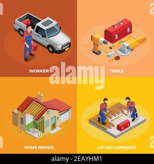 Modello isometrico di miglioramento domestico con costruzione di strumenti di caposquadra e. illustrazione vettoriale isolata per la riparazione del pavimento Illustrazione Vettoriale