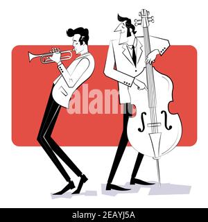 Concept per poster jazz. Due uomini che suonano tromba e contrabbasso su sfondo rosso. Illustrazione dello stile di schizzo. Illustrazione Vettoriale