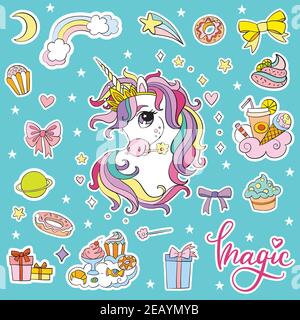 Set di simpatici unicorn cartoon con dolci ed elementi da festa. Illustrazione vettoriale isolata. Per cartoline, poster, design per vivai, biglietti d'auguri, adesivi Illustrazione Vettoriale